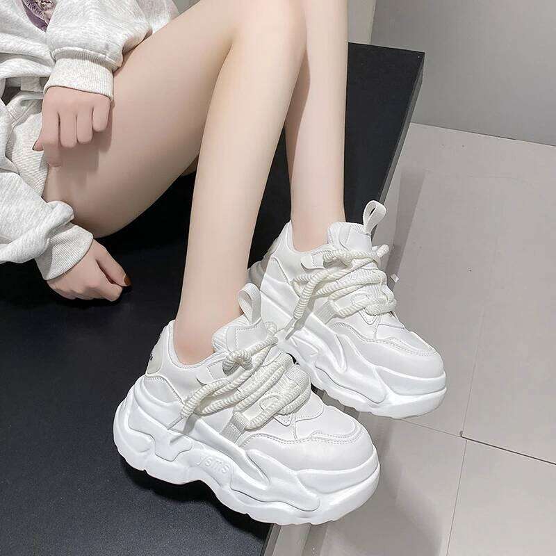 Plus Size 43 Women High Platform Casual Leather New Autumn Chunky Sneakers 7Cm Wedges Hidden Heels Leisure Shoes Woman