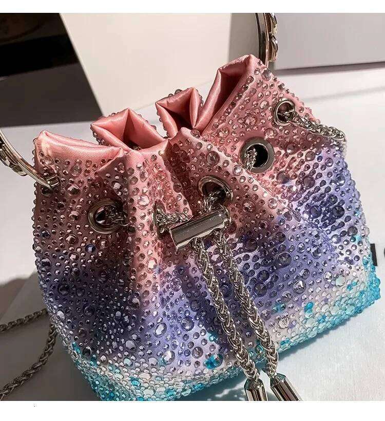 Crystal Shiny Dia Evening Satin Bucket High Quality Women's Handbag Wedding Party Clutch Purse Crossbody Bag