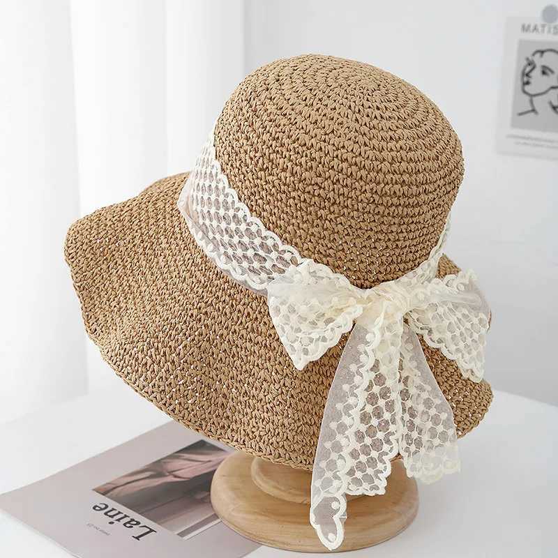 Sun Hat Summer Hats For Women With Big Lace Bow Korean style Wide Brim Foldable Sunshade Lady Bucket Hat Beach Accessories New W250602
