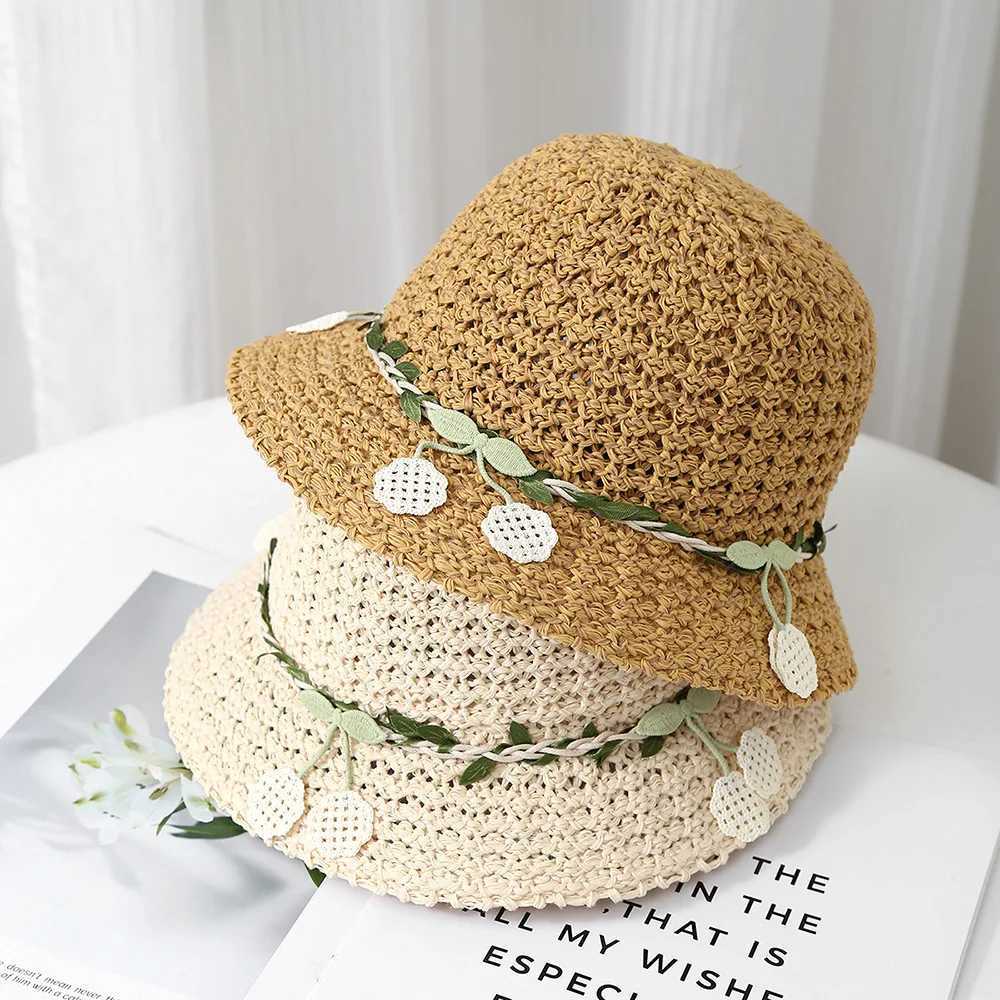 Korean Style Summer Floral Knitted Fisherman Hat For Women Sun Protection Breathable Beach Cap Adjustable Boho Chic Sun Hat W250602