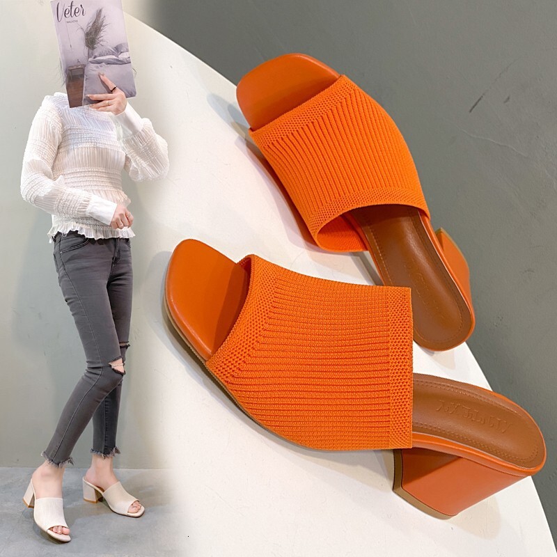 designer 2025 European and American New Fashion Women's Shoes Fashion One-Strap Thick Heel Knitted Wool High Heel Square Toe Sandals