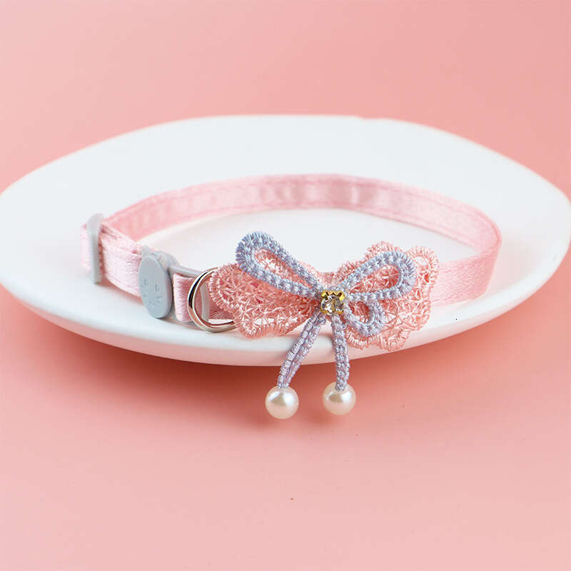 Fairy Pink Lace Bowknot Beaded Cat Collar Bell Pet Supplies