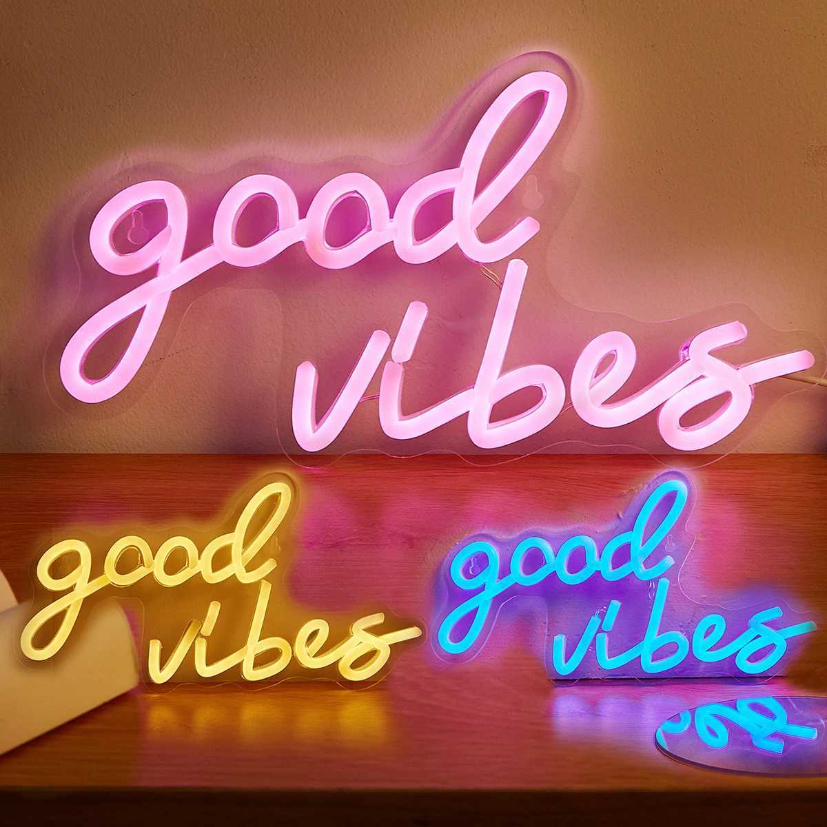 Chi-buy Good Vibes LED Neon Sign USB Powered Neon Signs Night Light 3D Wall Art Game Room Bedroom Living Room Decor Lamp Signs XJ250602