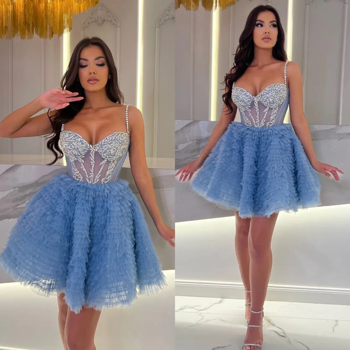 Sexy Spaghetti Straps Cocktail Evening Dress Tulle Tiered Ruffles Short Mini Prom Dress A Line Party Graduation Dresses Customized