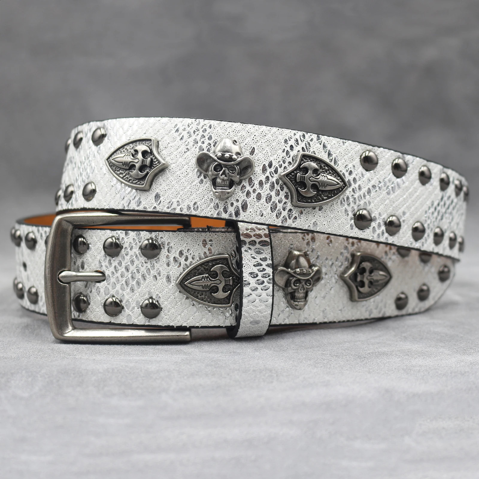 Rivet belt Skull and Trouser Belt Punk Cool Metal Buckle Adjustable Leather Fashion Thin Waistband for Jeans Dress 250526