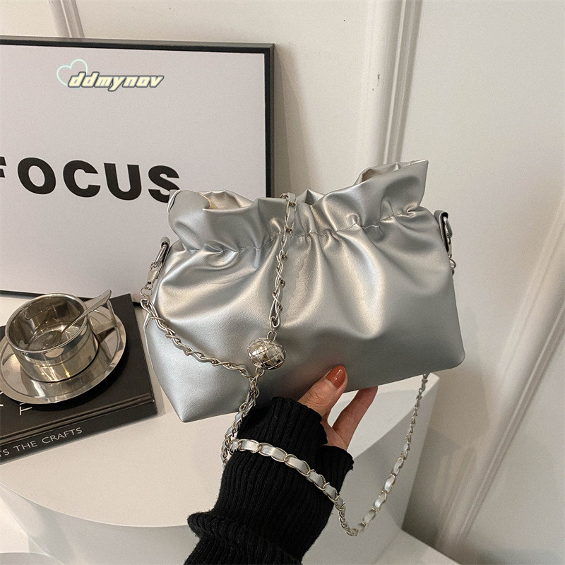 Trendy Women's Bags 2024 Spring Summer New Pleated Bucket Unique Drawstring Chain Shoulder Crossbody Bag ddmynov