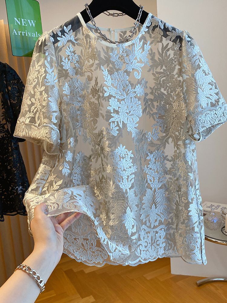 2025 Spring/Summer New Women's T-shirt New Luxury Thick Lace Women's Short Sleeve New Loose Fashion Transparent Hoodie Designer Summer Women