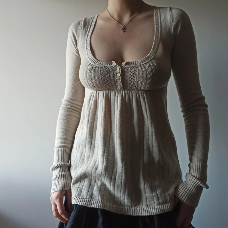 2000s Vintage Long Sleeve Babydoll Knitted Sweater Tops Cottage Milkmaid Pullovers Aesthetic Grunge Y2k Knitwear T-shirts Women 250529
