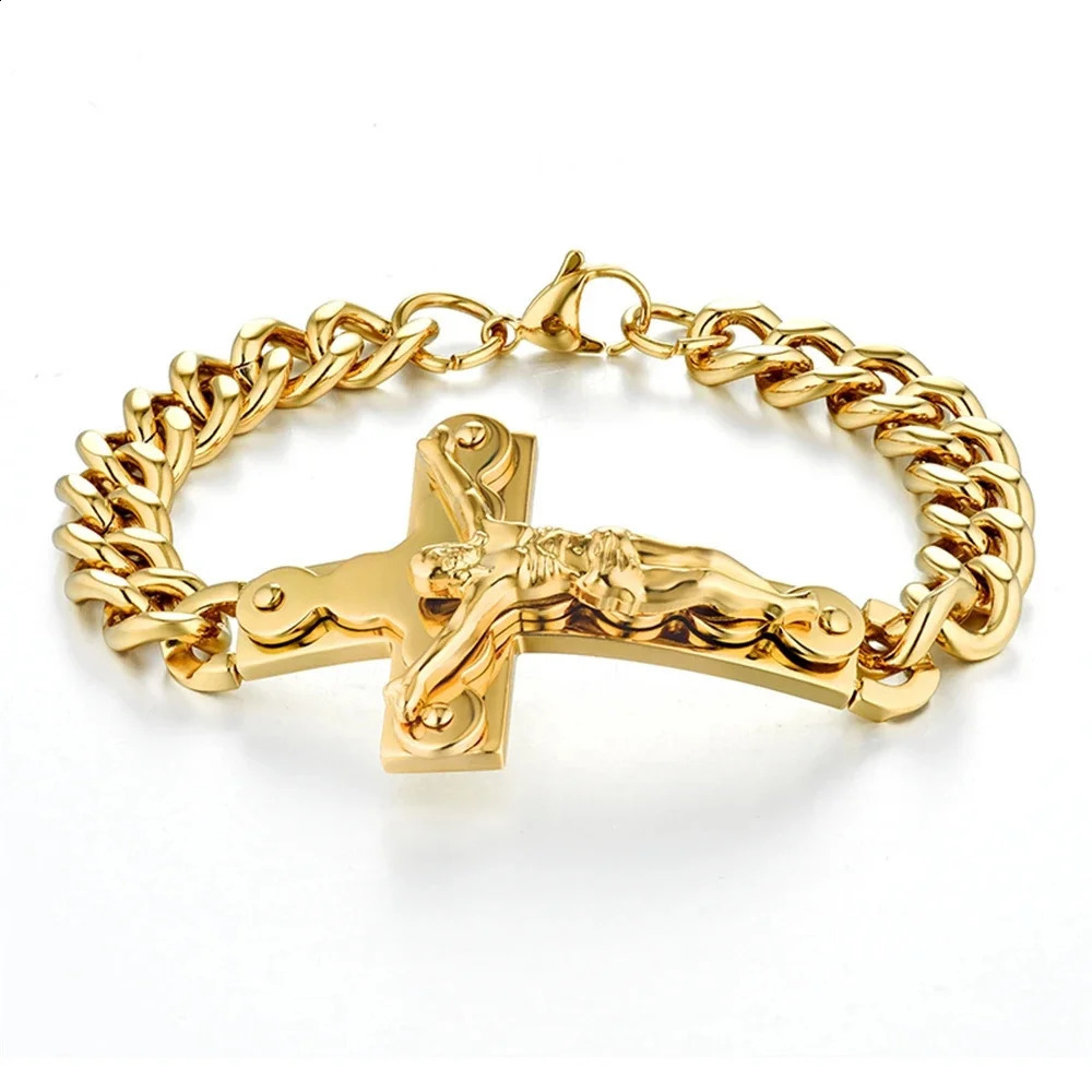 Punk Crucifix Jesus Cross Charm Bracelet Male Gold Color Stainless Steel Cuban Hand Chain For Men Fashion Party Jewelry Gift 250530