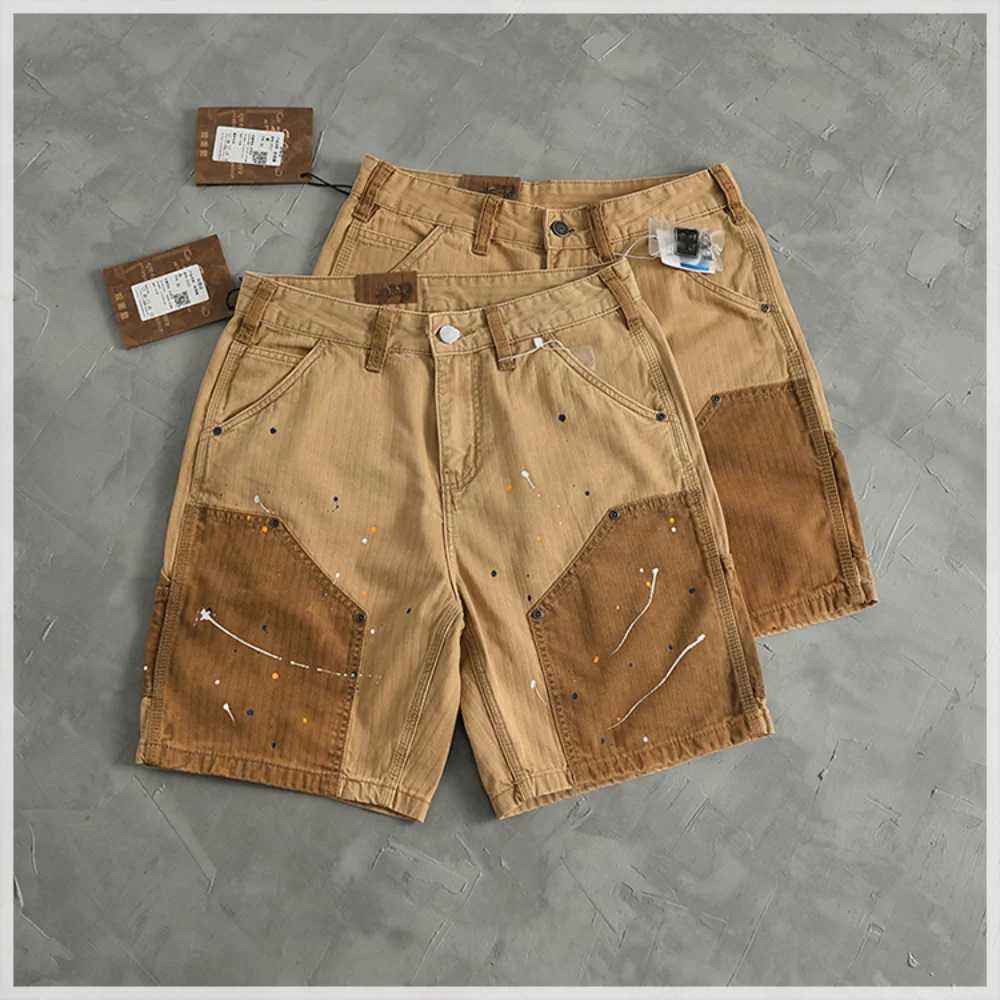 Personality spray paint to do old cargo shorts mens American casual color patchwork fishbone nail loose straight mid-leg pants T250603