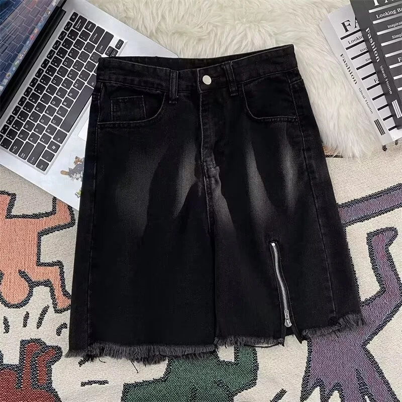 Summer Side Zipper Baggy Jorts For Men Ripped Straight Wide Leg Denim Shorts Hip Hop Fashion Y2K Streetwear Bermuda Jeans 250528