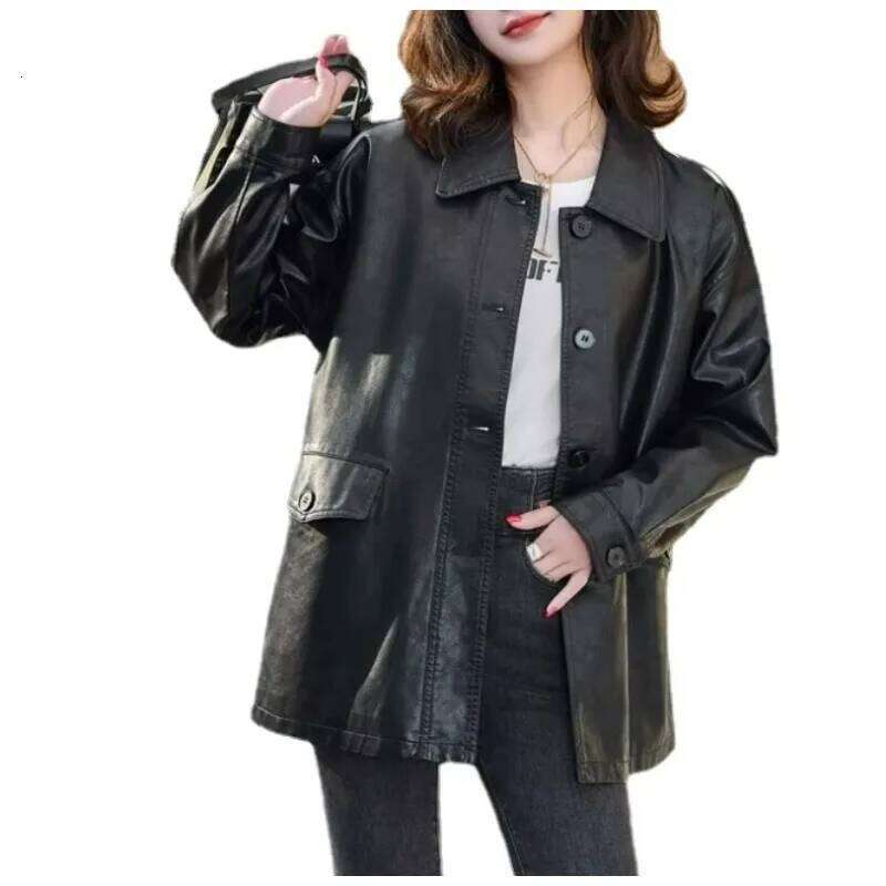 Early Spring New Korean Style Fashion Mid-Length Women's Coat Female Loose Pure Color All-Matching Leather Jacket 2025