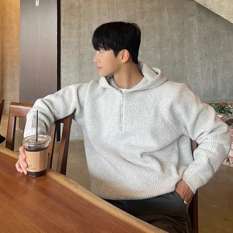 Mens Hooded Sweatshirt Knitting Solid with Zipper Male Hoodie Clothing Deals Cotton 90s Vintage Y2k Emo Tops Simple Warm 250603