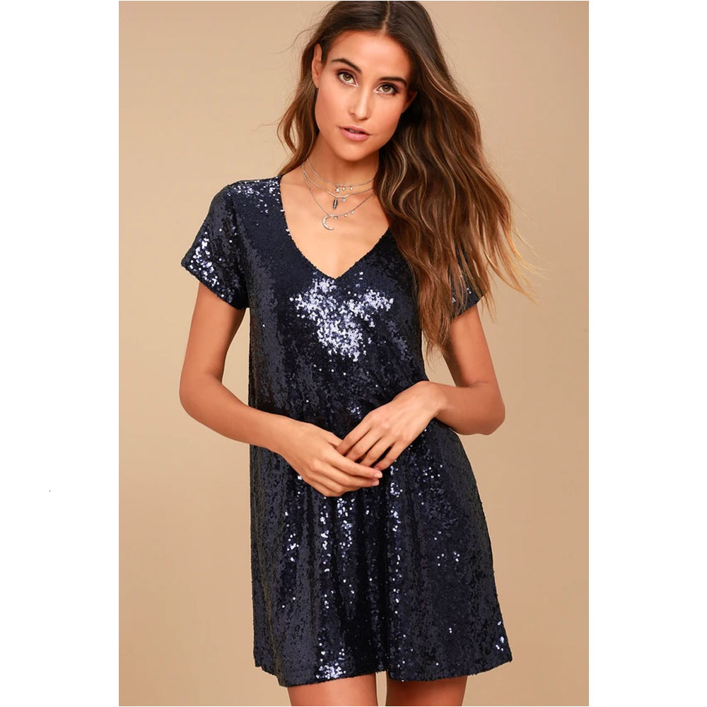 women's wear 2023 Fashion V-neck Short Sleeve Casual Sequin Dress for Women Party Commuting Shiny Style