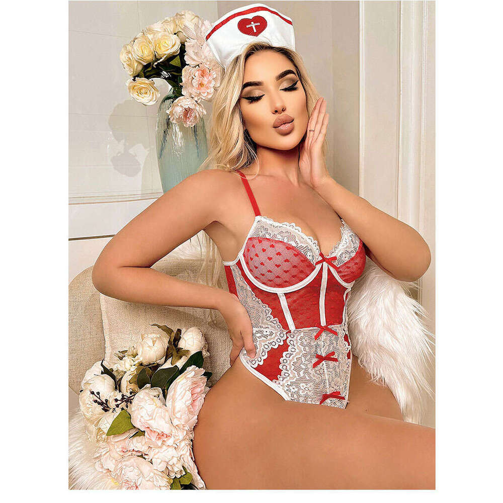 Spell Lingerie Porn Suits Lingerie Shapewear Costume Bodysuit Lace Trim Bowknot Heart Shaped Sheer Sexy Nurse Hat Sexy Lingerie