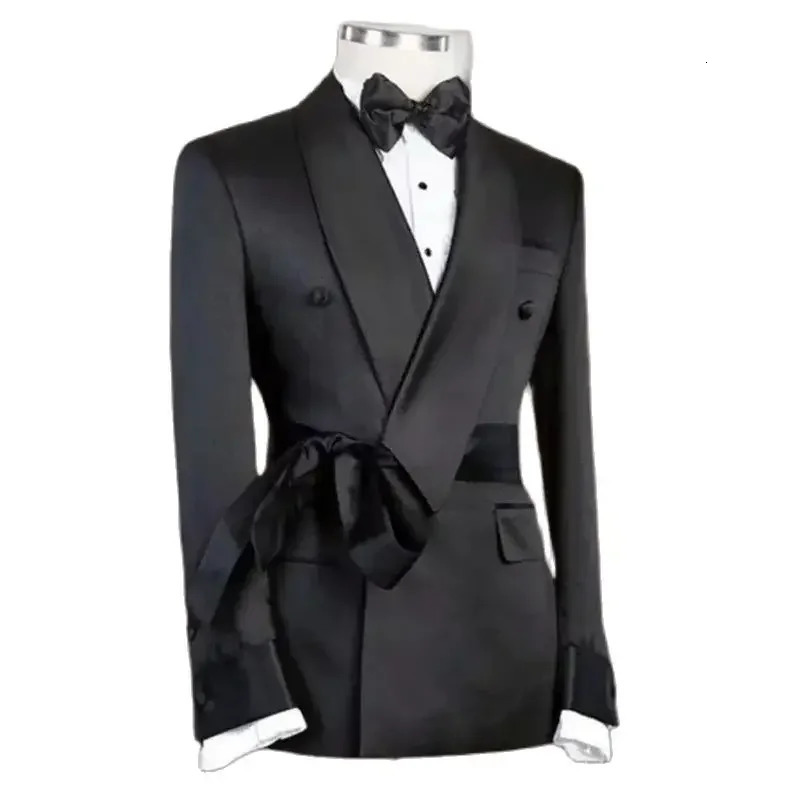 Black Slim Men Blazer With Belt Formal Banquet Prom Party Wedding Costume Coat Fashion Classic Shawl Lapel Jacket 1 Piece 250603