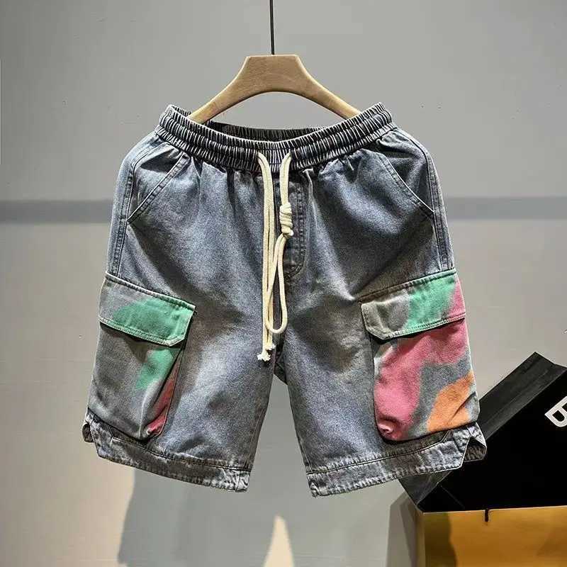 Mens Denim Shorts Multi Color Split Hip Hop Short Jeans Pants for Men Drawstring Streetwear Korean Fashion Blue Cut Original Sale T250603