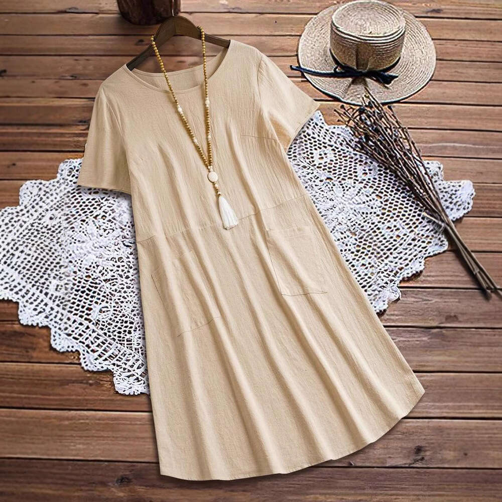 Spring Summer Loose Pocket Solid Color Round Neck Women's Cotton Linen Dress B5 b6