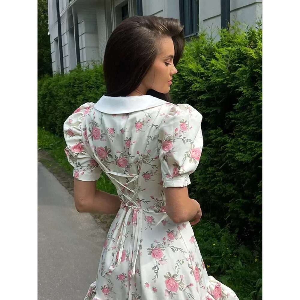 2025 Women Chic Floral Puff Sleeve Dresses Elegant Wrap Waist V Neck Summer Gowns Fashion Lady Lace Up Ruffled Casual Vestidos
