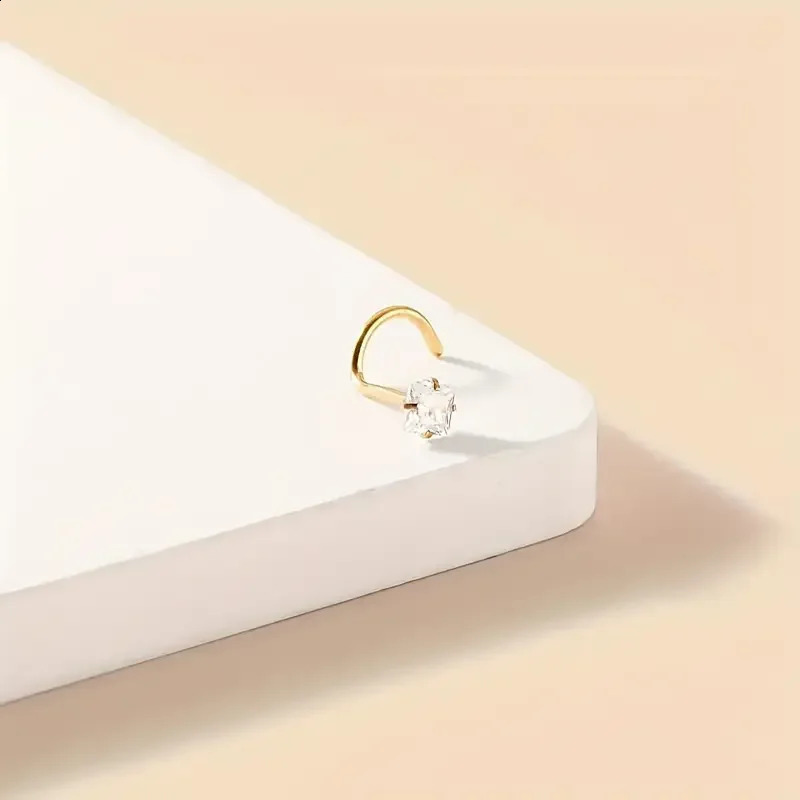 Golden Tone Cubic zirconia Square Nose Stud Simple Glamorous Sparkling Nose Ring Piercing Jewelry Elegant Vacation Style 250530