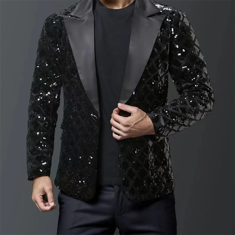Mens Glitter Blazers Diamond Sequin Long Sleeve Lapel One Button Coat Bar Party Jacket 250603