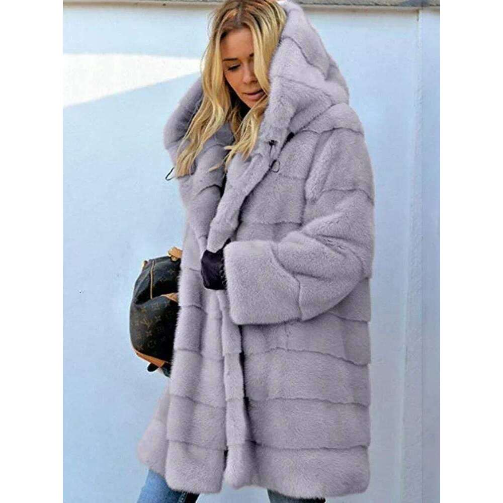 2025Medium Length Solid Color Loose Plush Hoodie Warm Coat Autumn and Faux Fur Winter Jacket Women's Large