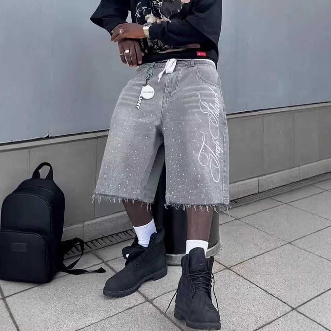 Summer American Letters Embroidery Gray Baggy Shorts Jeans Men Frayed Hem Wide Leg Baggy Copped Pants For Male T250603