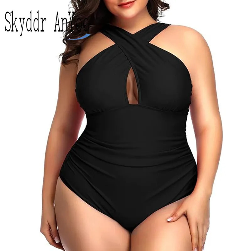 2024 Summer Women Plus Size Swimsuits Front Cross Tummy Control Black Sexy Swimwear Backless Bathing Suit 250528Z