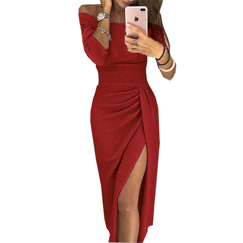 women's wear 2023 Spring/Summer New 5 Colors 4 Sizes Sexy Off-Shoulder Split Long Dress 8415#