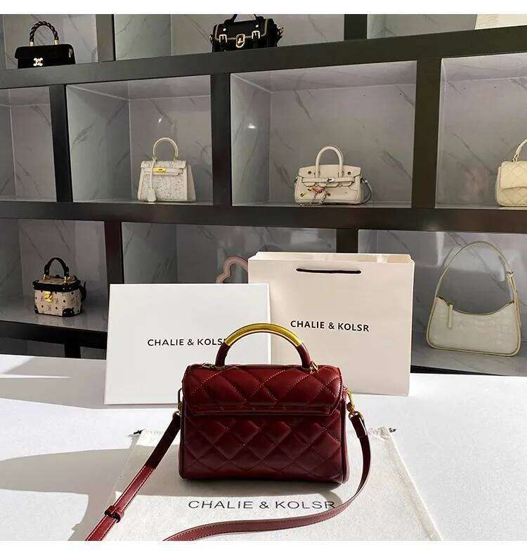 High Quality Textured Leather Square Fashion Dia Lattice Red Casual Women Handbag Lady Purse Shoulder Messenger Bag