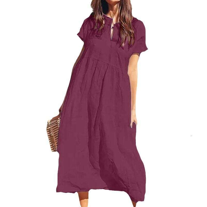 Summer Temu New Solid Color V-Neck Short Sleeve Loose Casual Long Cotton Linen Dress For Women B5