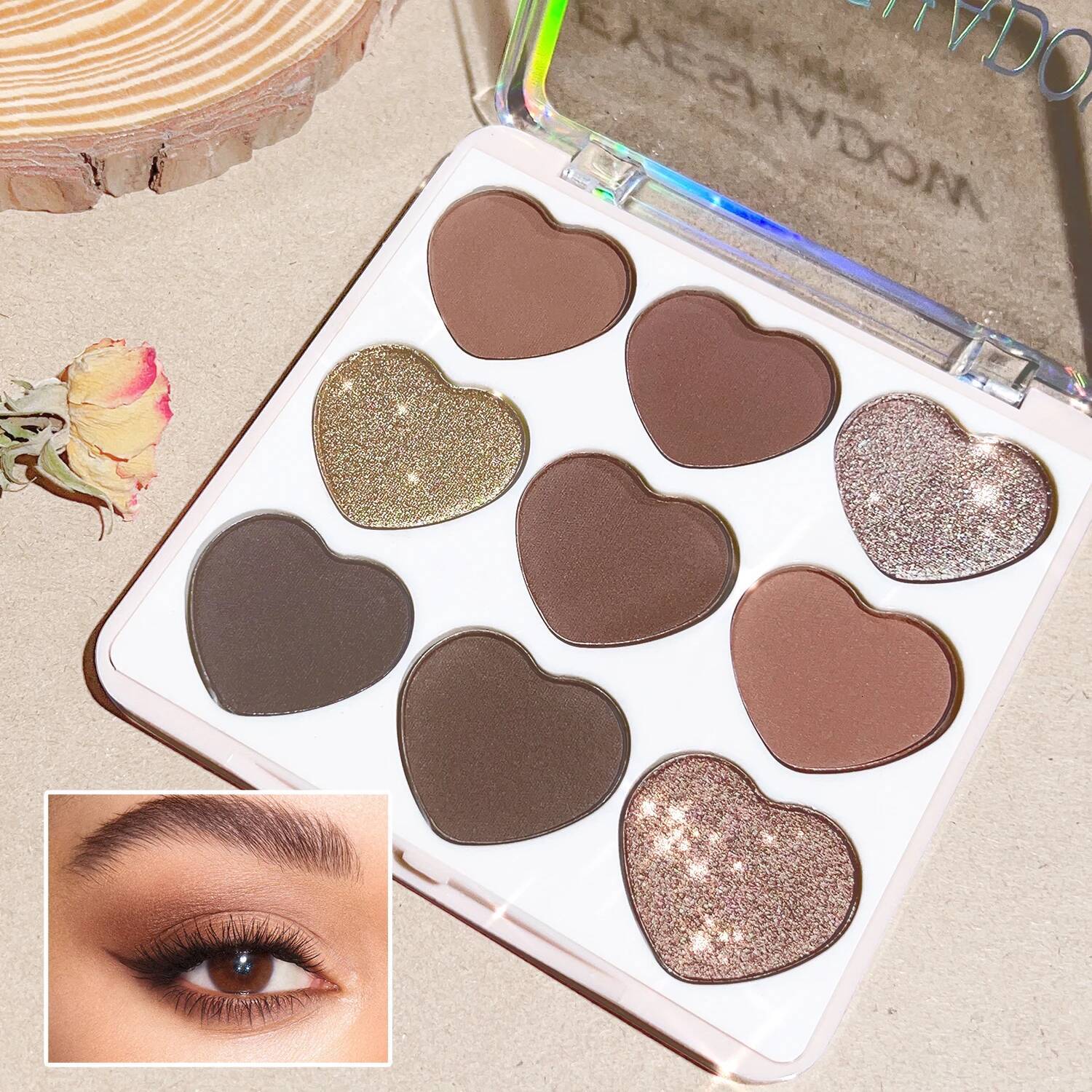 9 Colors Palette, Lovely Heart Shape, High Pigmented, Waterproof Eyeshadow Matte Glitter Pearly Finish Brown Grey Mult