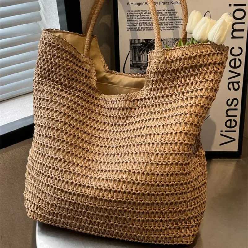 Women Summer Beach Handmade Rattan Woven Shoulder Bags Large Capacity Str Bag Bohemian Casual Travel Handbag Totes Y250603