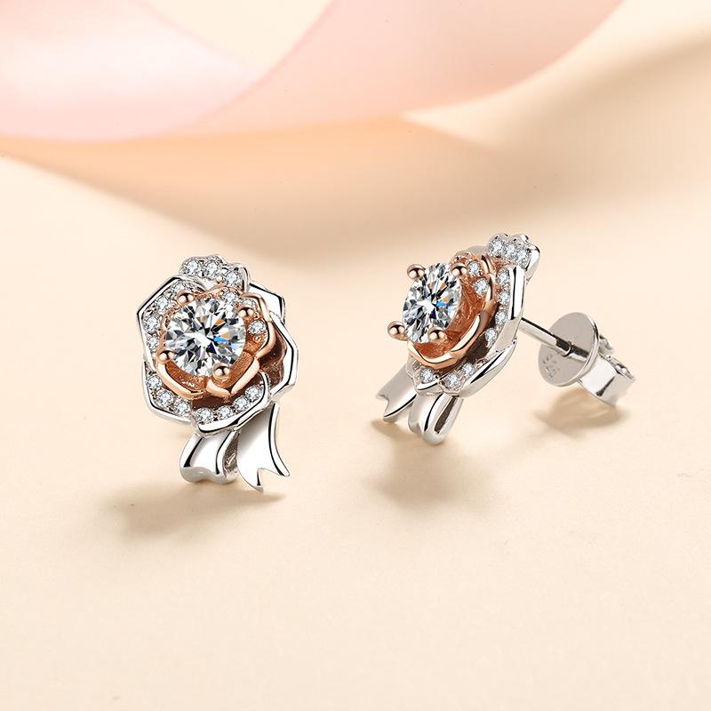 S925 Silver Rose Earrings with Moissanite Stone, Elegant Cold Style Jewelry, Perfect for Daily Wear, Simulated Diamond, Chic Design, Wholesale Availab