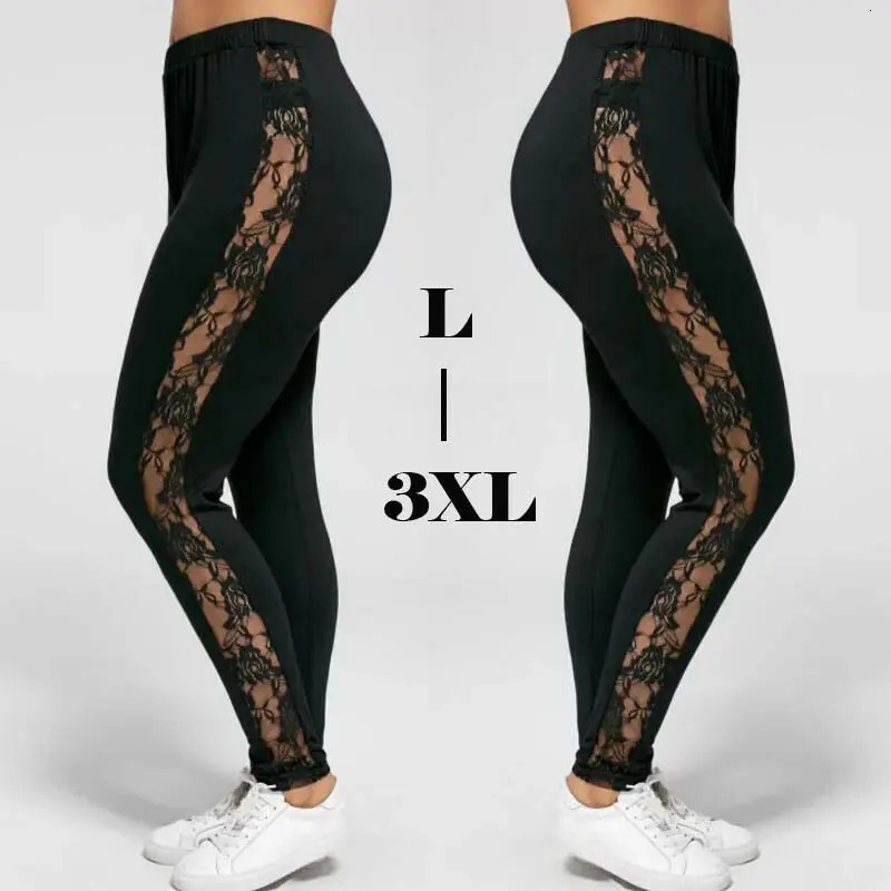 Womens Sexy Leggings Floral Lace Pants Side Sheer Black Leggings Slim Stretch Sexy Trousers Size L-3XL 250603