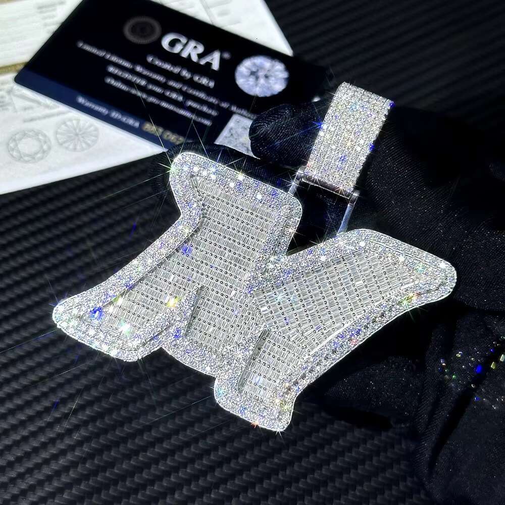 Custom 925 Solid Silver Baguette Moissanite Pendant with Iced Hip Hop Style Letter Design Cuban Link Chain Included Jewelry