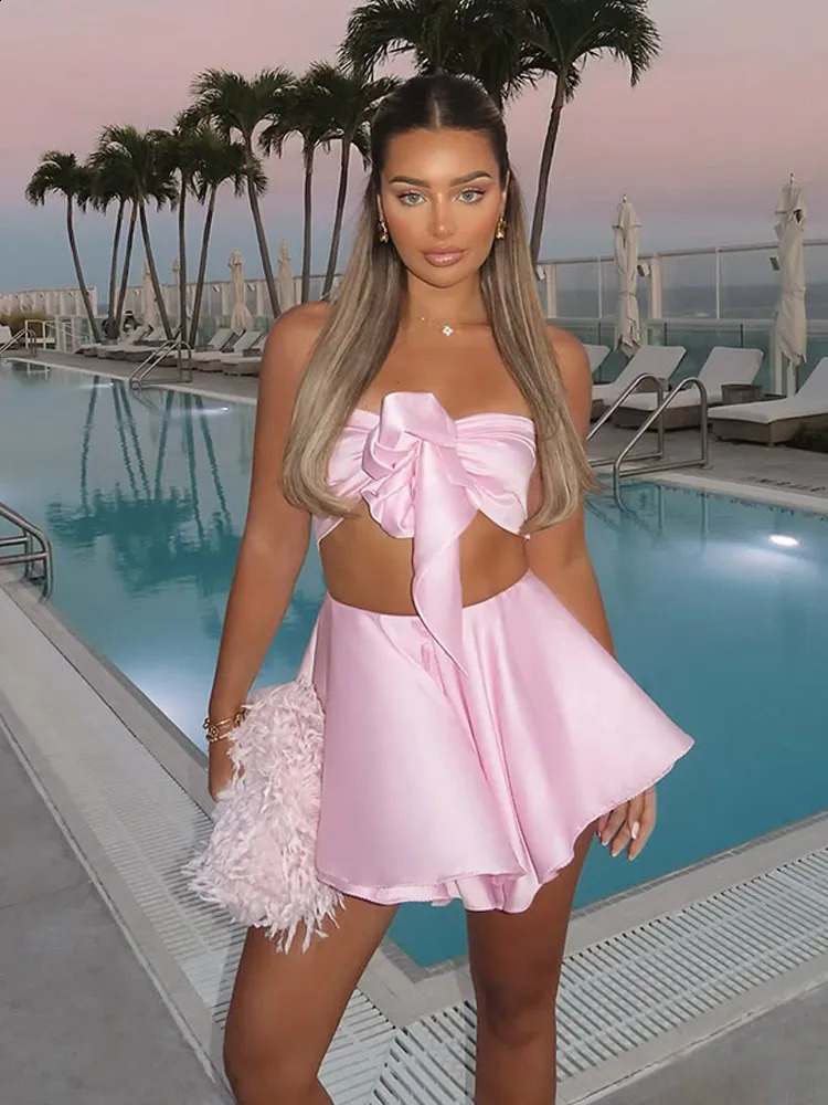 Sexy Pink Satin A-line Mini Skirt Sets Women Sexy Sleeveless Strapless Crop Top A Line Skirts Suit Summer Chic Lady Party Wear 250530