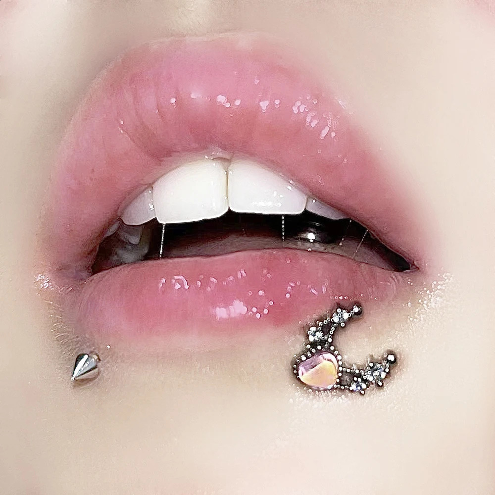 1pc Zircon Heart Moon Shape Labret Piercing Stainless Steel Lip Stud For Girls Silver Color Y2K Accessory Cartilage Jewelry Gift 250530