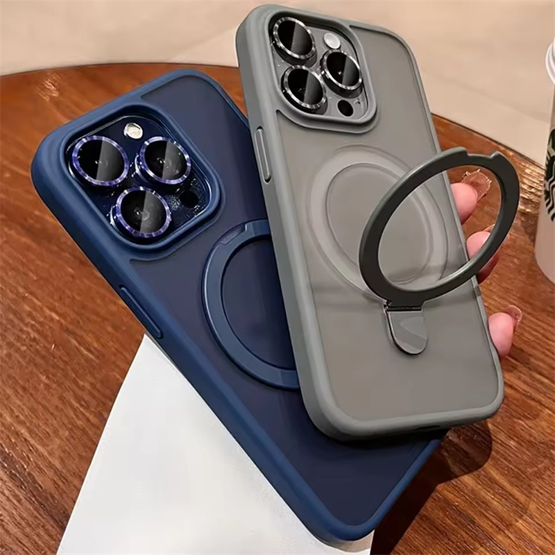 Matte Ring Holder Glass Lens Phone Case For iPhone 16 16e 15 14 13 12 11 Pro Max Plus Samsung S25 S24 S23 S22 Ultra Plus For Magsafe Wireless Magnetic