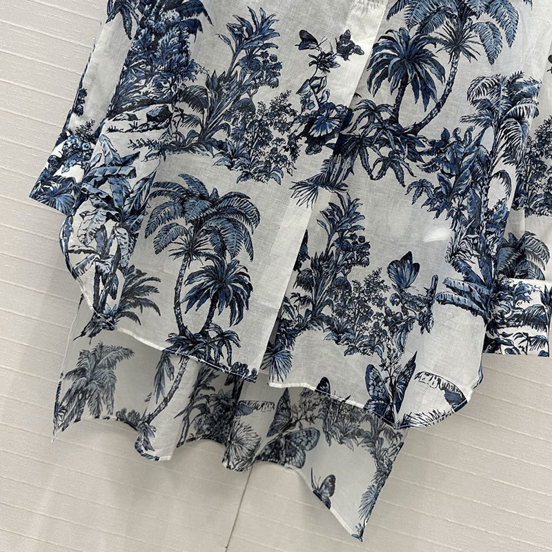 Summer Women's Butterfly Palm Print Cotton Shirt Classic Stand Collar Button Front Long Sleeve Loose Fit High-Low Hem Embroidered Retro Luxury Cl