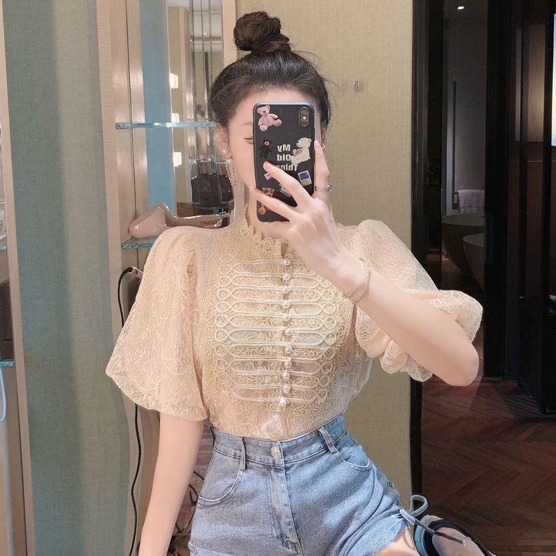 2025 Women's New Spring and Summer T-shirt New French Elegant Fluffy Sleeves Lace Women's Designer Shirt Summer New Design Feel Bead Decorat