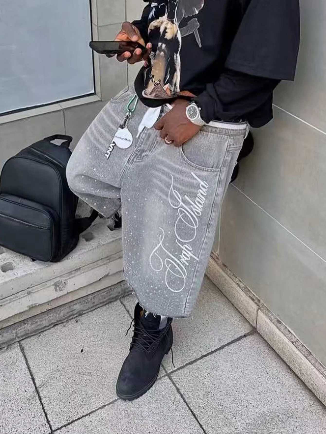 Summer American Letters Embroidery Gray Baggy Shorts Jeans Men Frayed Hem Wide Leg Baggy Copped Pants For Male T250603