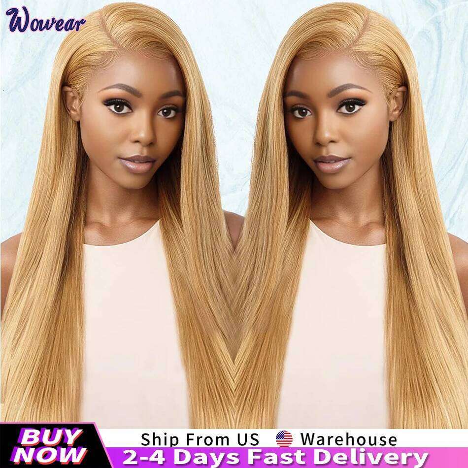 Bone Straight 13x6 HD Transparent Lace Front Human Hair Wigs #27 Honey Blonde Colored Wig