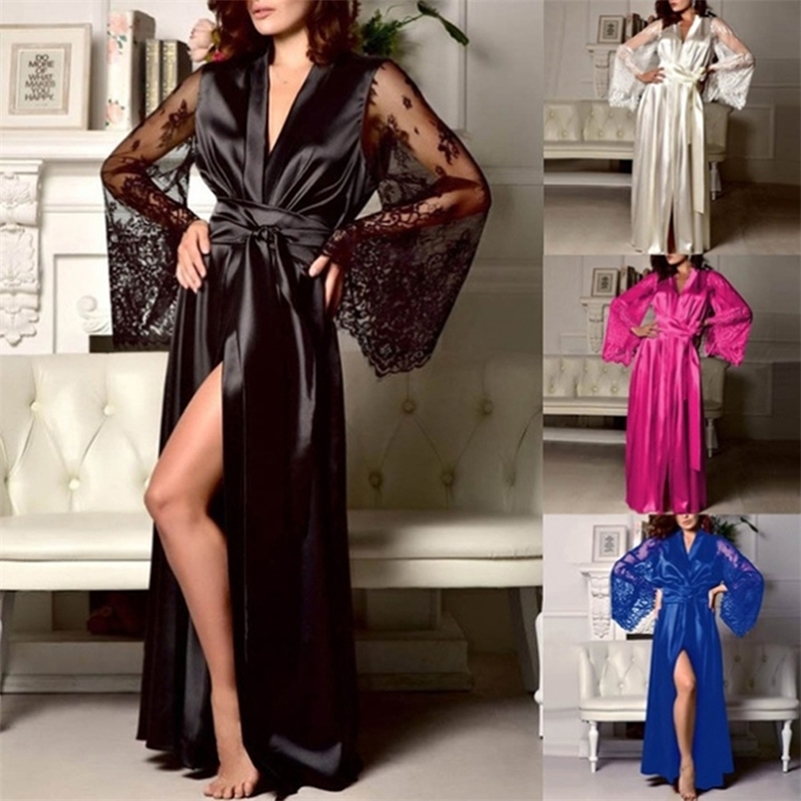 Womens Nightdress Sexy Long Lace Lingerie Nightwear Bath Robe Gown Ice Silk Nightdress Solid Color Nightgown 250519CJ