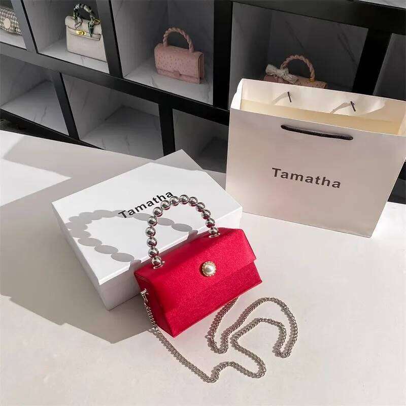High Quality Women Handbag Satin Square Box Beads Beaded Handheld Evening Wedding Party Clutch Purse Crossbody Bag