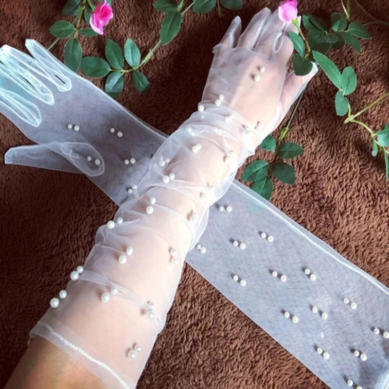 55 cm Transparent Wedding Gloves Pearls Long Elbow Mittens Mesh Arm Covers Women Party Bridal Dress Accessories Po Props 250530