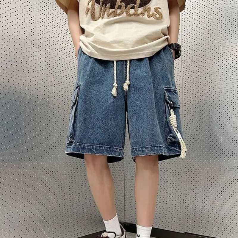 Mens Short Jeans Pants Drawstring Original Summer Male Bermuda Denim Shorts Korean Fashion Y2k Retro Distressed Buttons Cowboy T250603