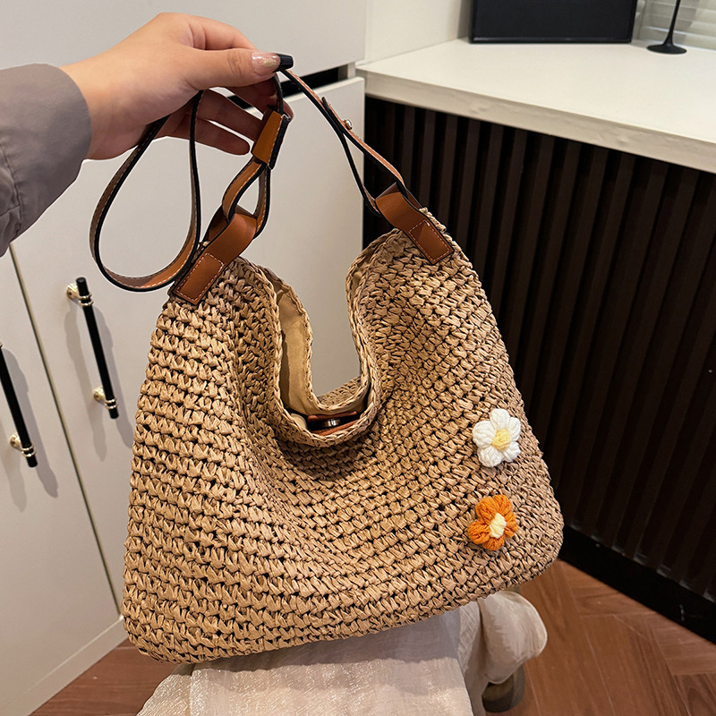 designer Vintage Woven Bag Women's 2025 New Trend Beach Vacation Shoulder Bag Large Capacity Tote Bag Straw Bag