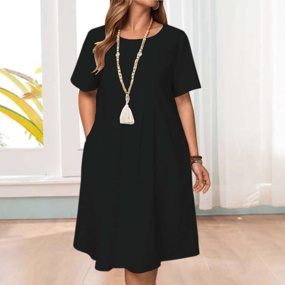 Spring Summer Loose Pocket Solid Color Round Neck Women's Cotton Linen Dress B5 b6
