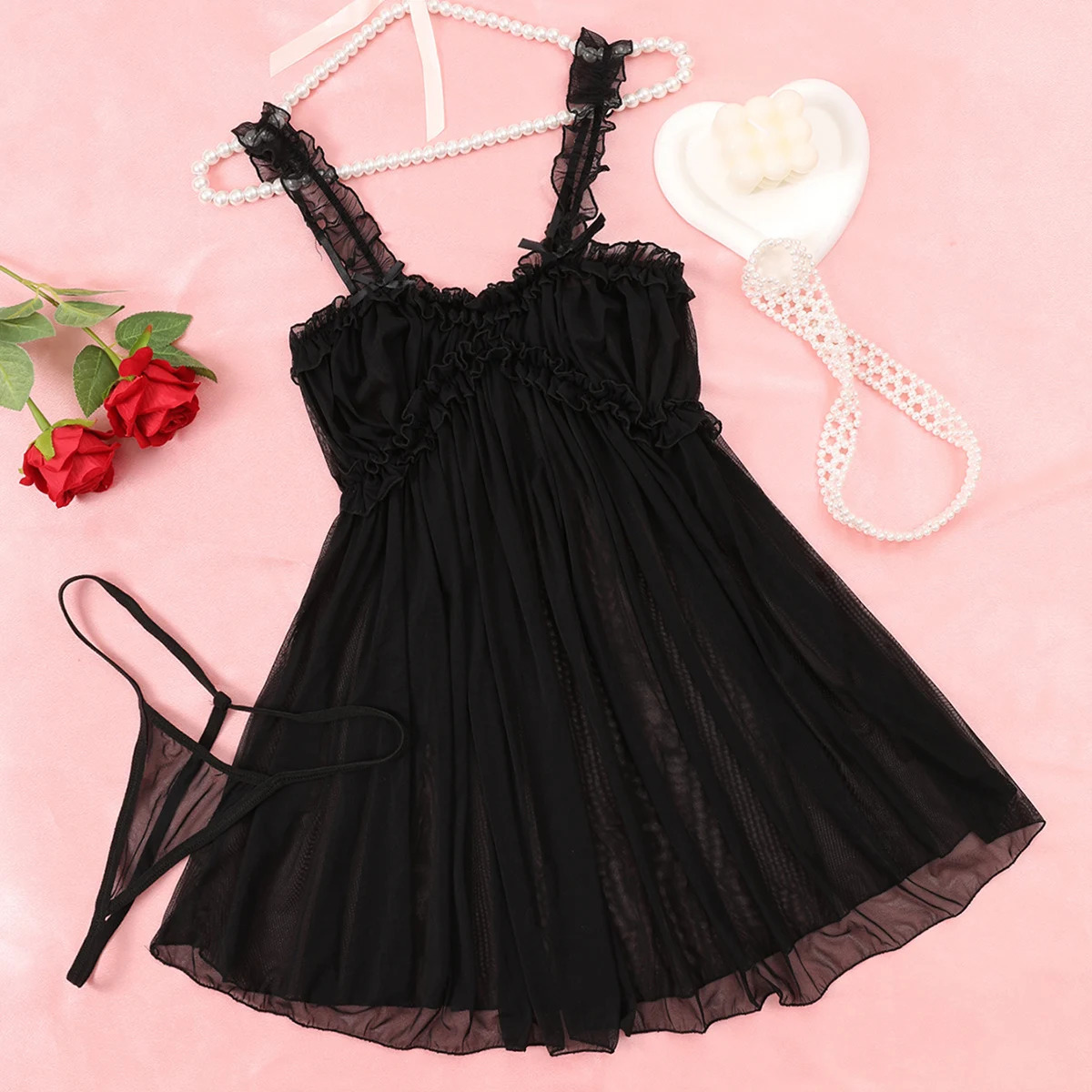 Women Sleepwear Lace Pajama Set Sling Nightdress Sexy Lingerie Sleeveless Exotic Costumes Babydoll Transparent Dress 250603